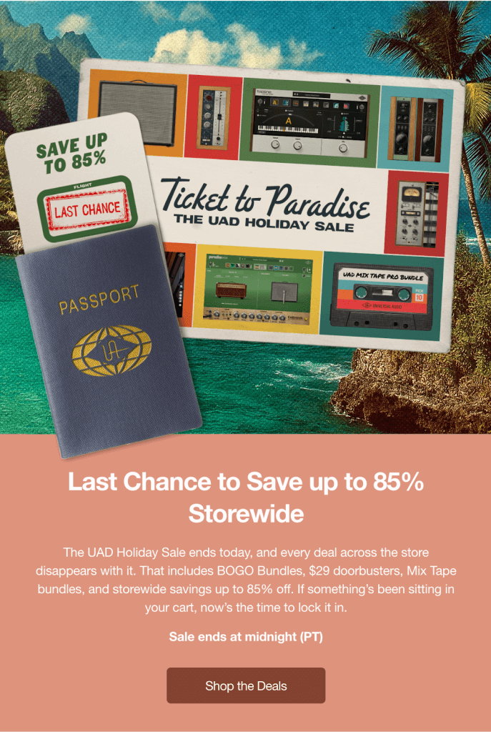 Second abandoned-cart recovery email with an urgent subject line and countdown-style messaging