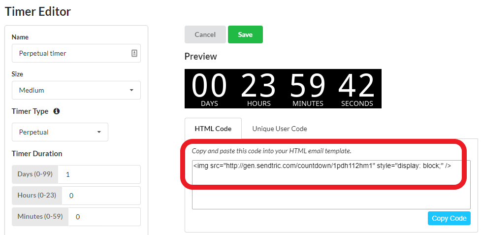 Sendtric timer editor showing the finished perpetual timer design with its embed code