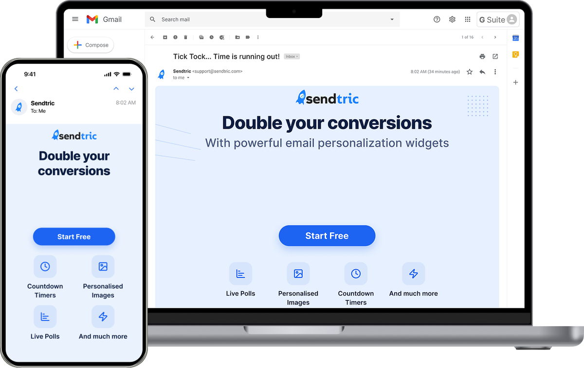 Sendtric email countdown timer shown in a marketing email displayed on a laptop and phone mockup.