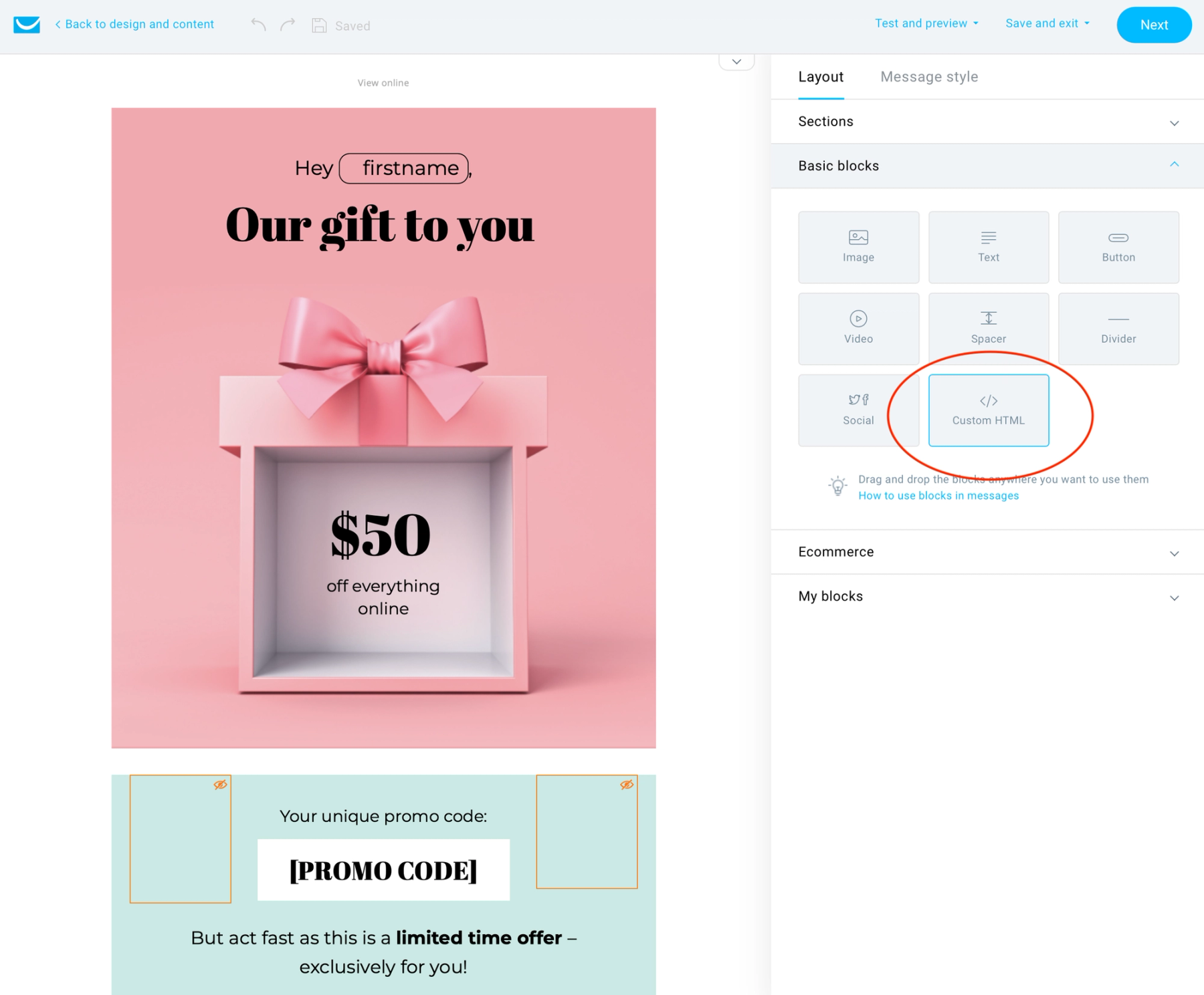 GetResponse email builder with a new HTML block dragged in from the Basic Blocks panel