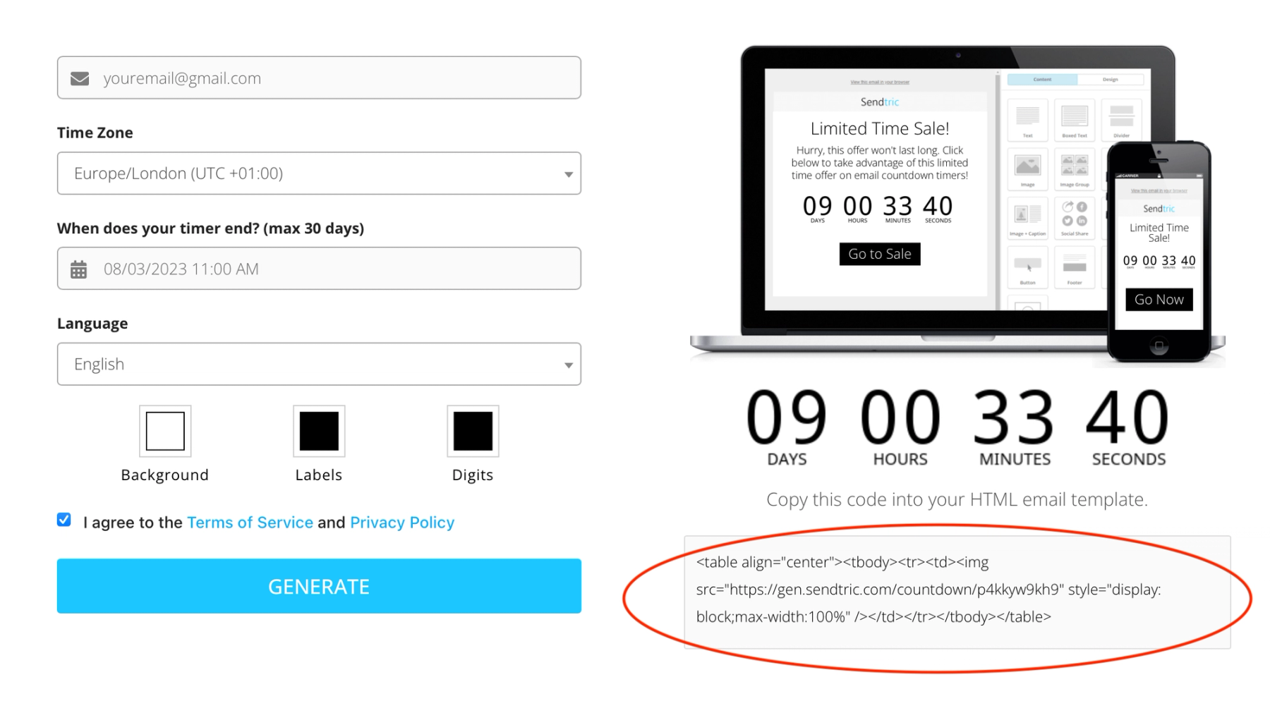 Sendtric timer generator form with the email address, end date, and customization fields filled in
