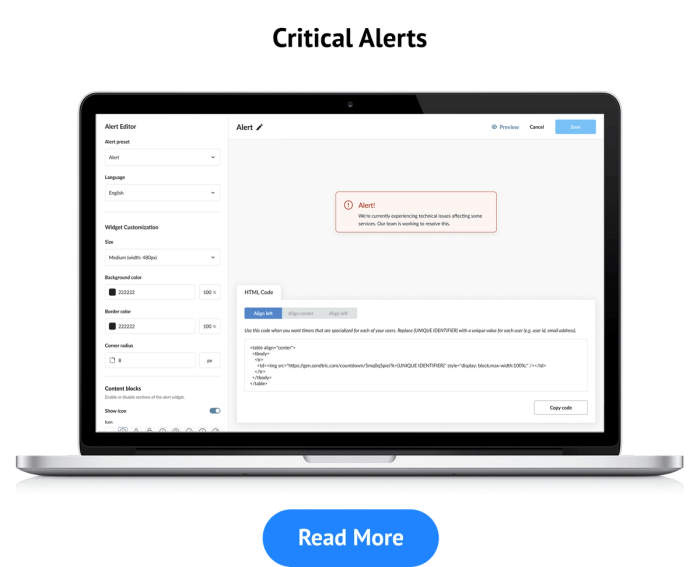 Screenshot of the Sendtric Critical Alerts widget editor showing a preview alert banner reading "We are currently experiencing technical issues affecting some services."