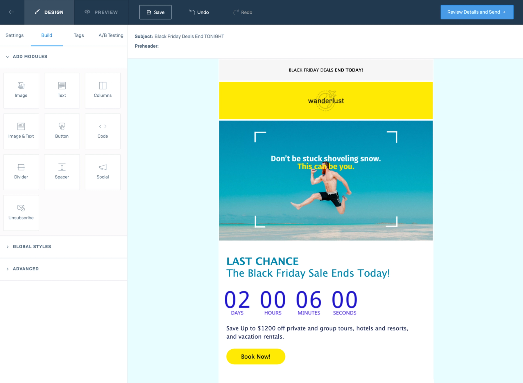 SendGrid email preview showing the Sendtric countdown timer rendered in the template