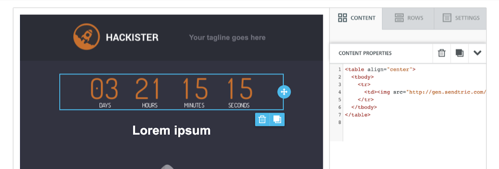 Iterable HTML block showing a placeholder table for the Sendtric timer embed code