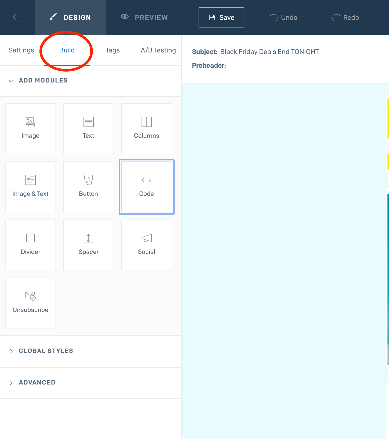 SendGrid email builder's Build tab with the Code content block option highlighted