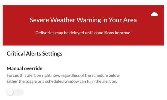 Sendtric Critical Alerts settings showing a "Severe Weather Warning" alert example and the manual override toggle