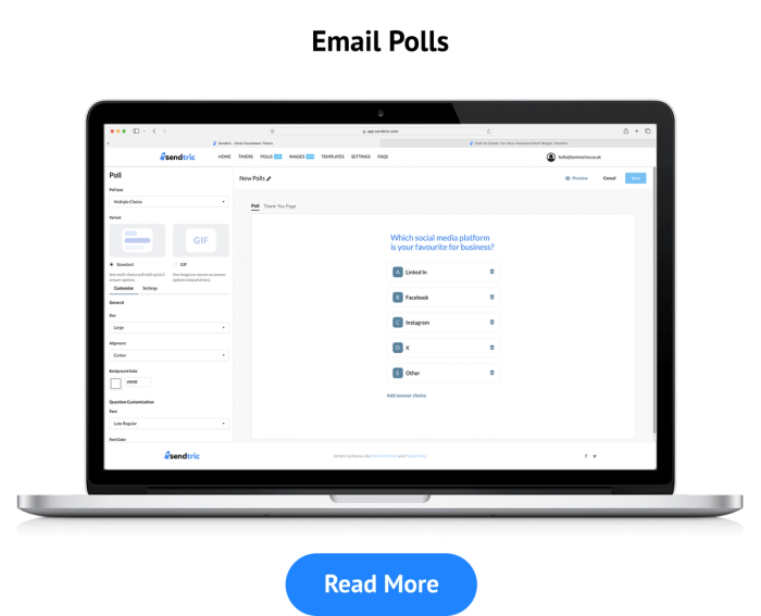 Screenshot of the Sendtric poll editor showing a multiple-choice poll asking which social media platform is a favorite.