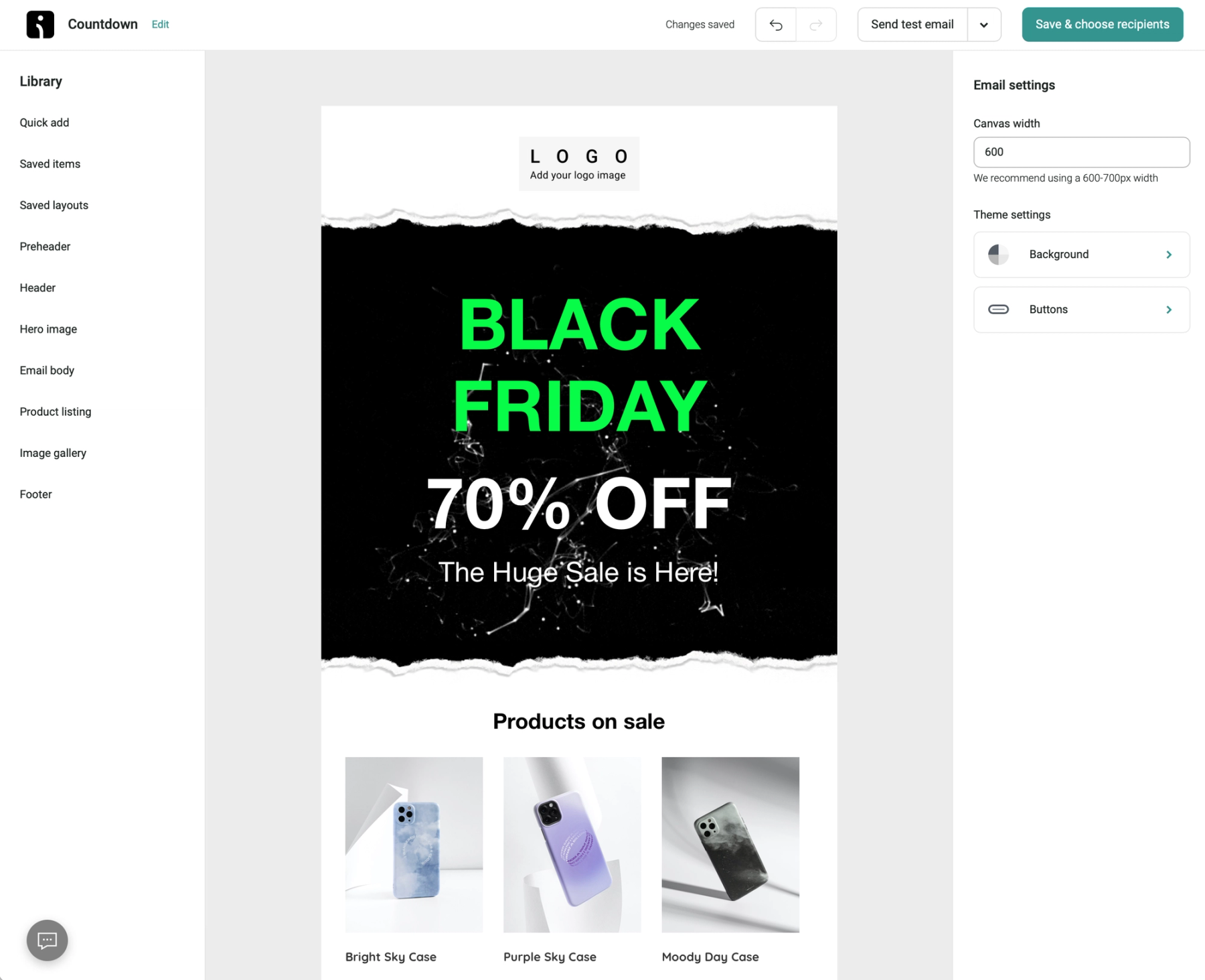 Omnisend email builder open with a new email template