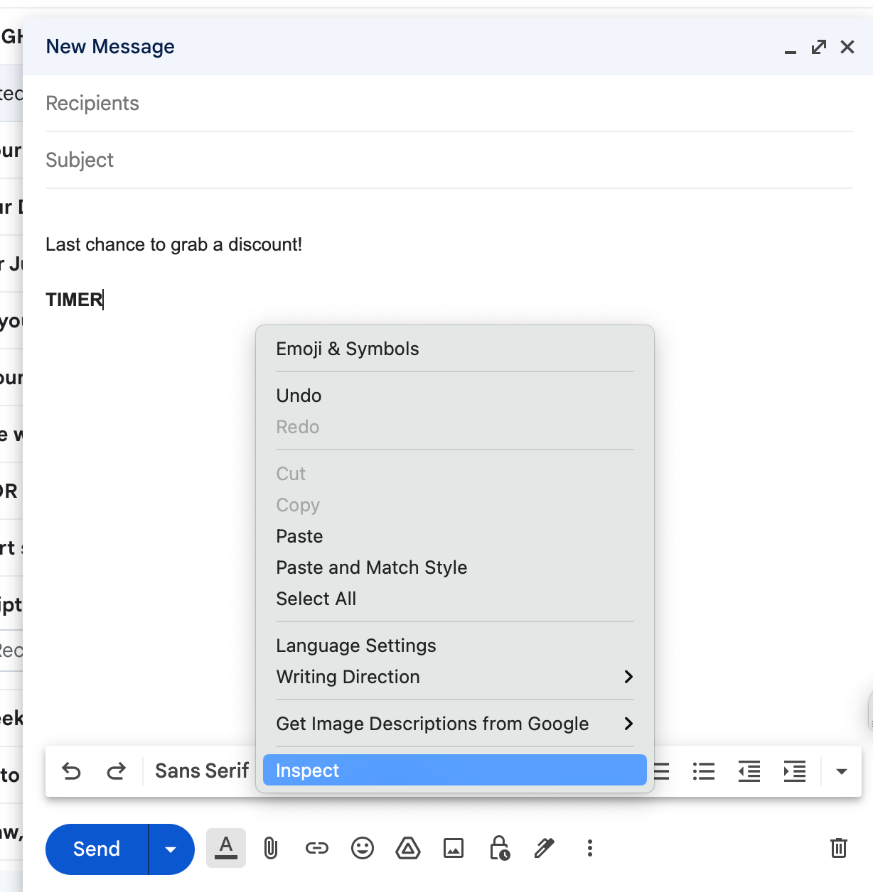 Gmail compose window's right-click menu with the Inspect option highlighted