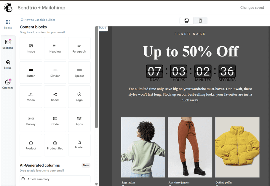 Sendtric countdown timer editor open for building a timer to add to a Mailchimp campaign