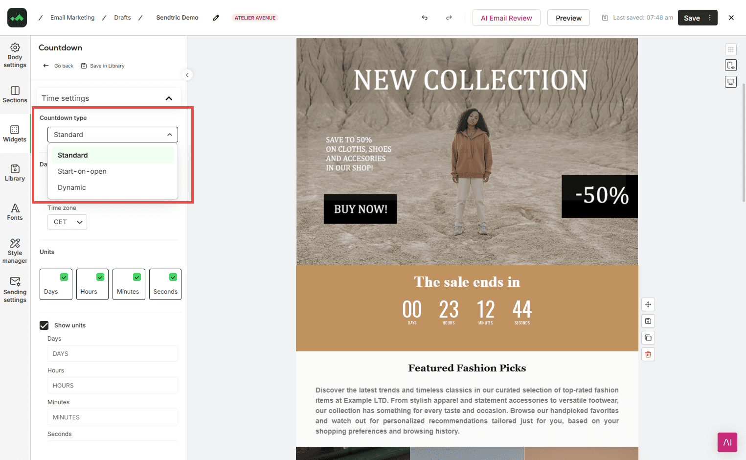 Manago AI's timer settings panel showing the three available countdown timer types