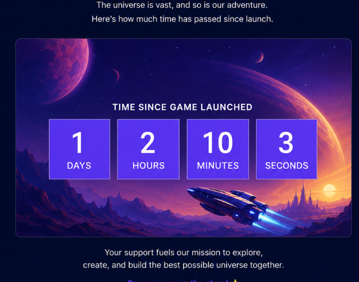 Count-up timer example showing time since a game's launch, styled with a space illustration