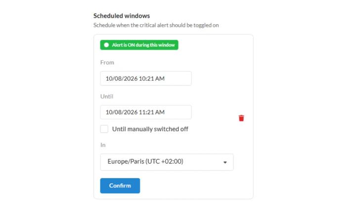 Sendtric Critical Alerts scheduled window settings showing a From/Until date-time range, timezone selector, and "Until manually switched off" option