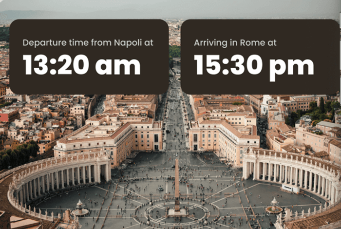 Personalized email image of St. Peter's Square with overlaid text: "Departure time from Napoli at 13:20 am, Arriving in Rome at 15:30 pm."