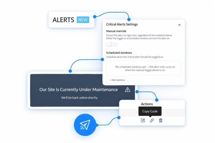 Sendtric Critical Alerts flow: adding the Alerts widget, configuring manual override and scheduled windows, previewing the alert, and copying the embed code