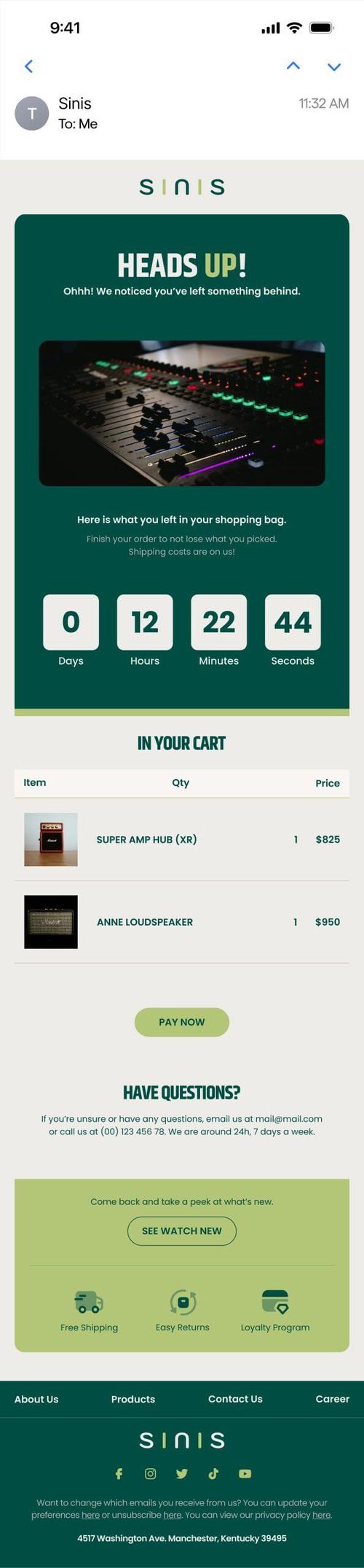 Mobile email preview of a "Sinis" abandoned-cart reminder headlined "Heads up!", showing the left-behind audio mixing desk and a countdown timer with 12 hours left to finish the order