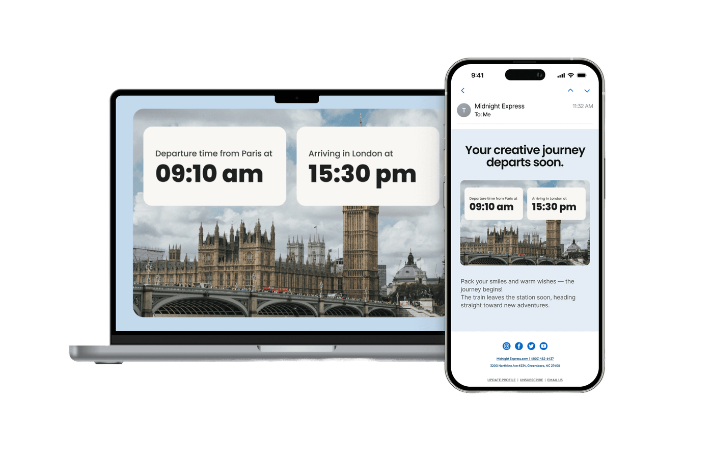 Laptop and phone preview of an email with dynamic text overlaid on a London photo: "Departure time from Paris at 09:10 am, Arriving in London at 15:30 pm."