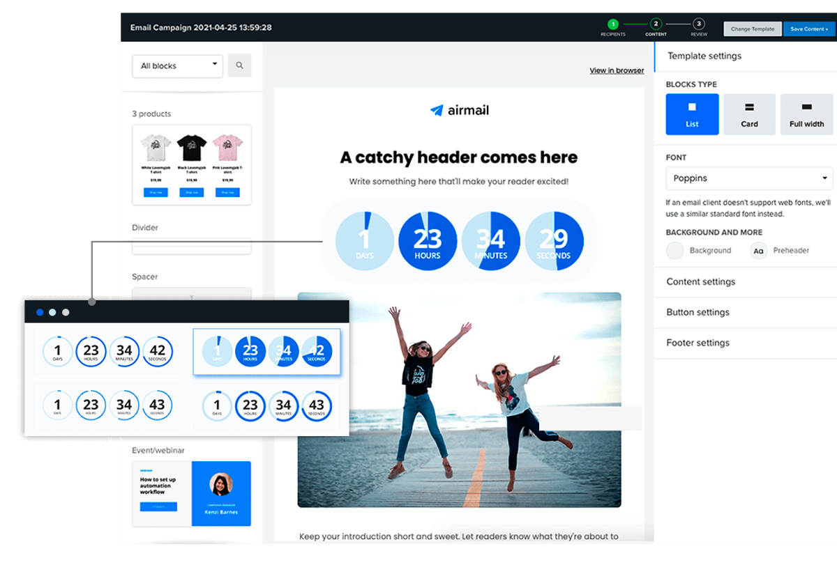 Email builder showing a Sendtric countdown timer widget being dragged into a campaign template, with several timer style variations displayed