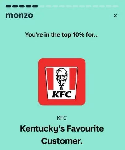 Monzo's Year in Monzo card telling a user they're in the top 10% of KFC spenders, labeled "Kentucky's Favourite Customer"
