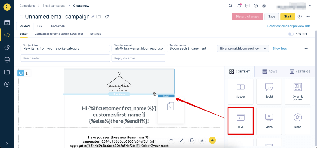 Bloomreach email campaign editor with a content block being dragged into the template