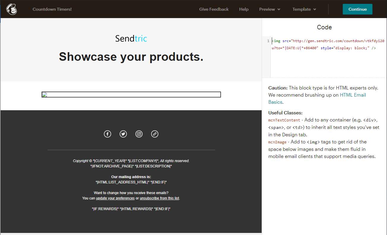 Mailchimp email builder's Showcase Products block with a dynamic timer duration value entered in seconds