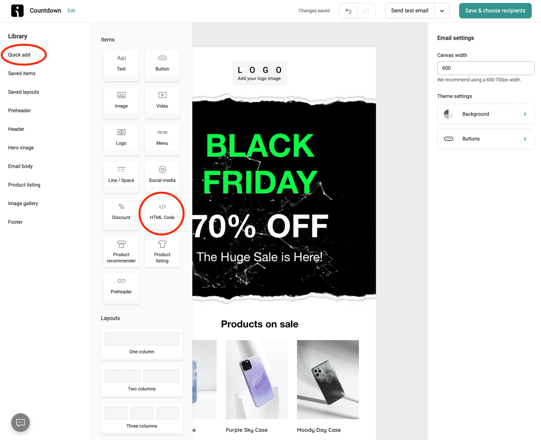 Omnisend content block menu with the HTML Code block option highlighted
