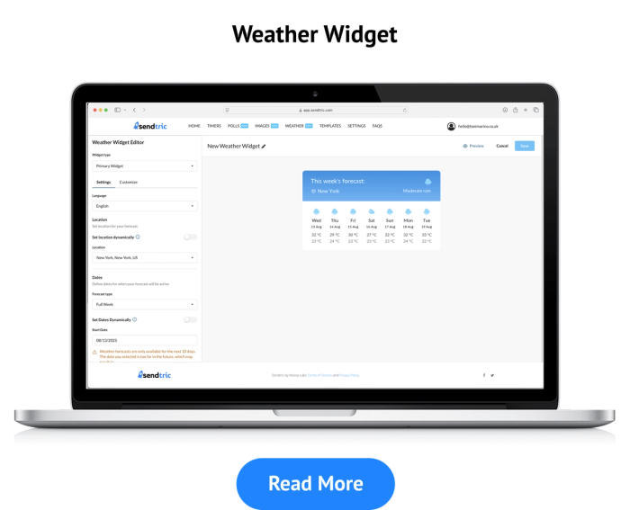 Screenshot of the Sendtric weather widget editor showing a 7-day forecast card for New York.