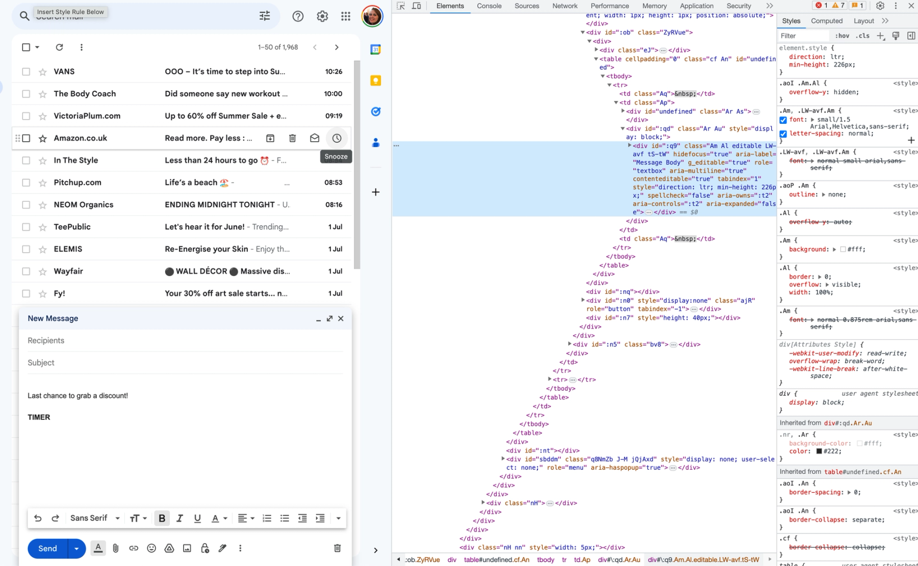 Chrome DevTools split-screen view showing the Gmail compose box's HTML source code