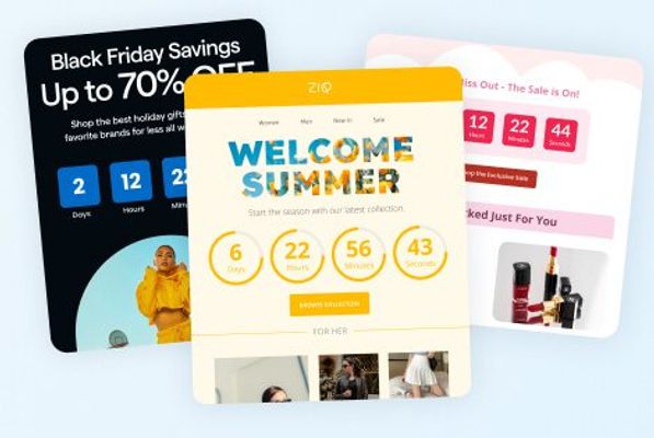 Three example marketing emails using Sendtric countdown timers: a Black Friday discount, a seasonal welcome offer, and a flash-sale promotion