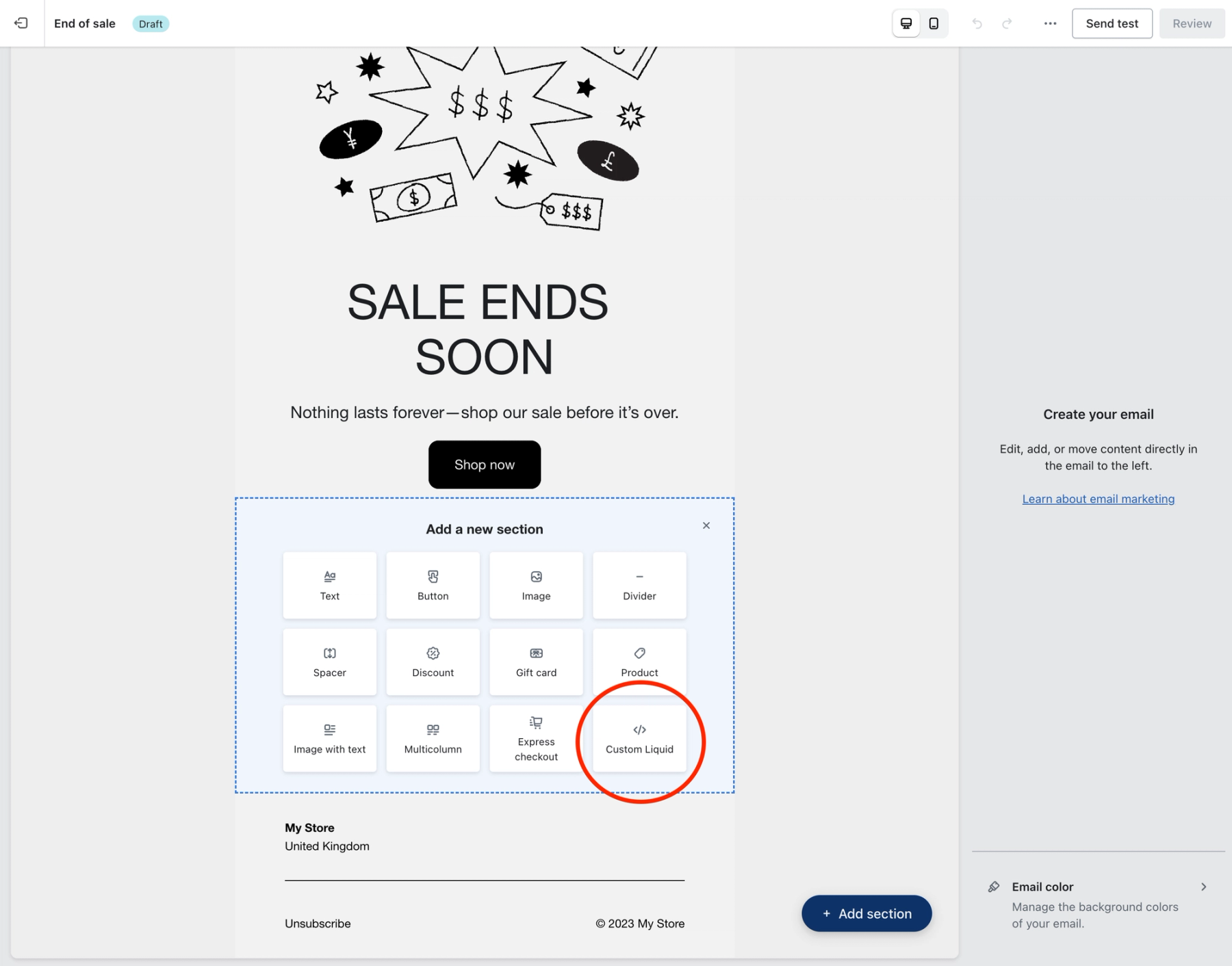 Shopify's Add Section menu with the Custom Liquid option highlighted