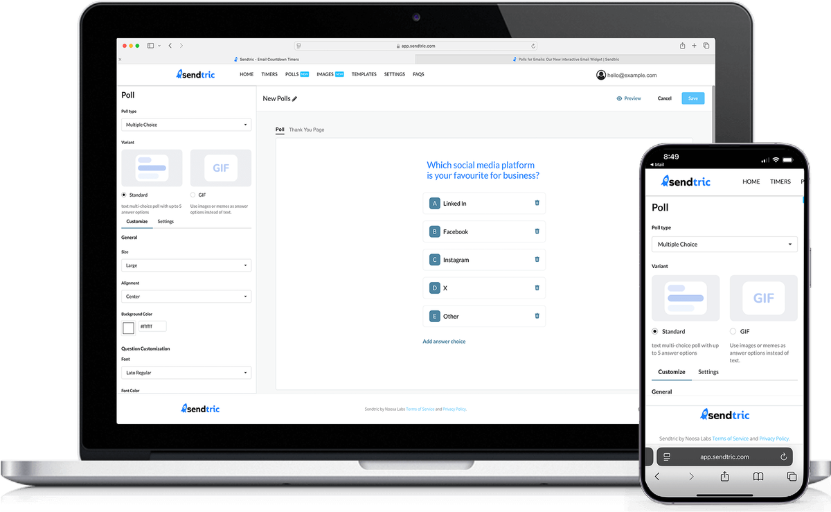 Sendtric Poll widget builder shown on desktop and mobile, creating a multiple-choice poll asking which social media platform is best for business.