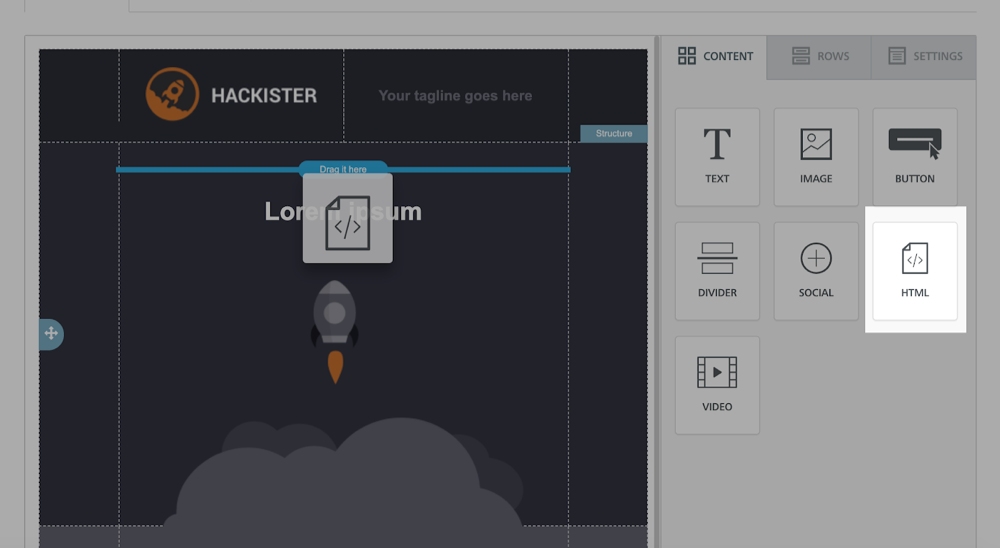 Iterable template editor with the HTML content block option highlighted