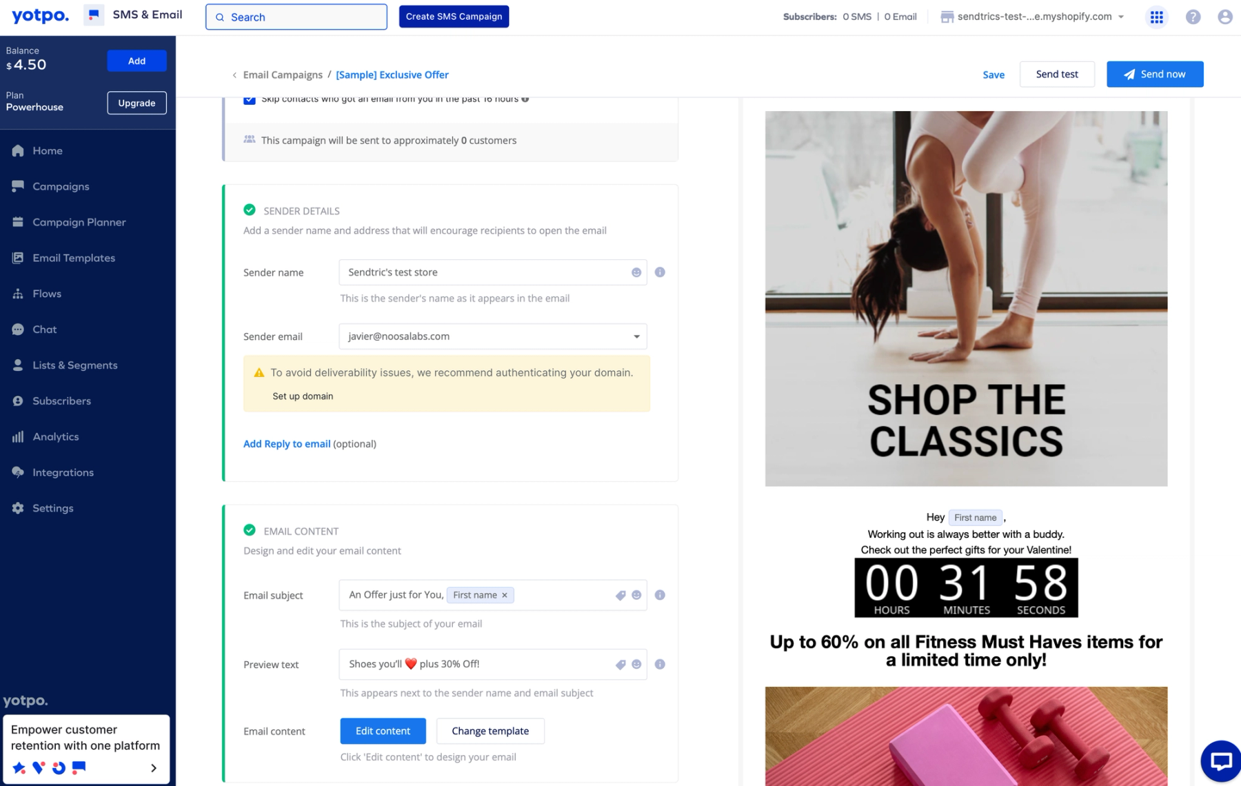 Yotpo email builder with the Sendtric countdown timer HTML code pasted into the content block, and the Save & Close button highlighted