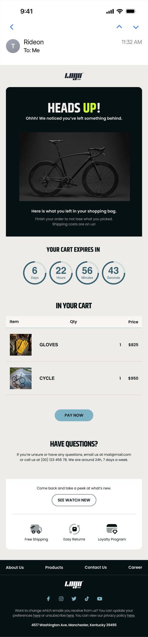 Mobile email preview of an abandoned-cart reminder with a product photo, itemized cart contents, and a Sendtric countdown timer showing time left before the cart expires