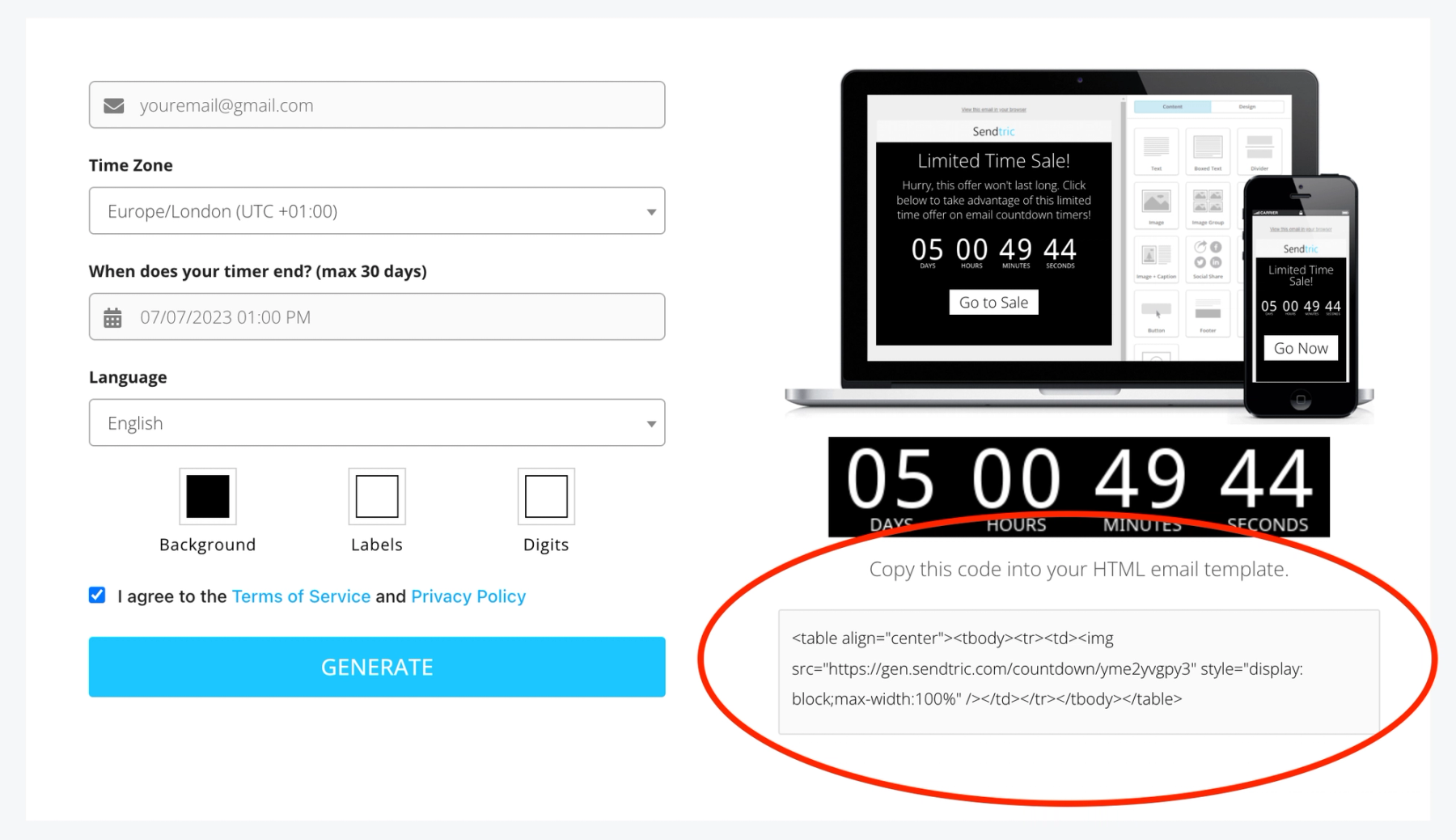 Sendtric timer generator form with the email address, end date, and customization fields filled in