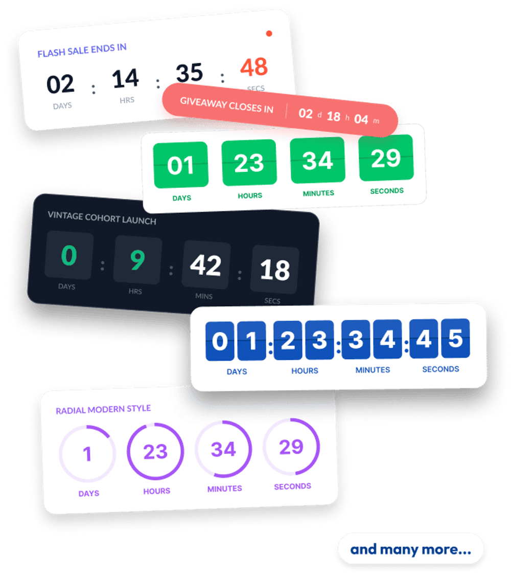 Five countdown timer style variants: a flash-sale timer, a giveaway ribbon timer, a green block timer, a dark "vintage" timer, and a purple radial timer