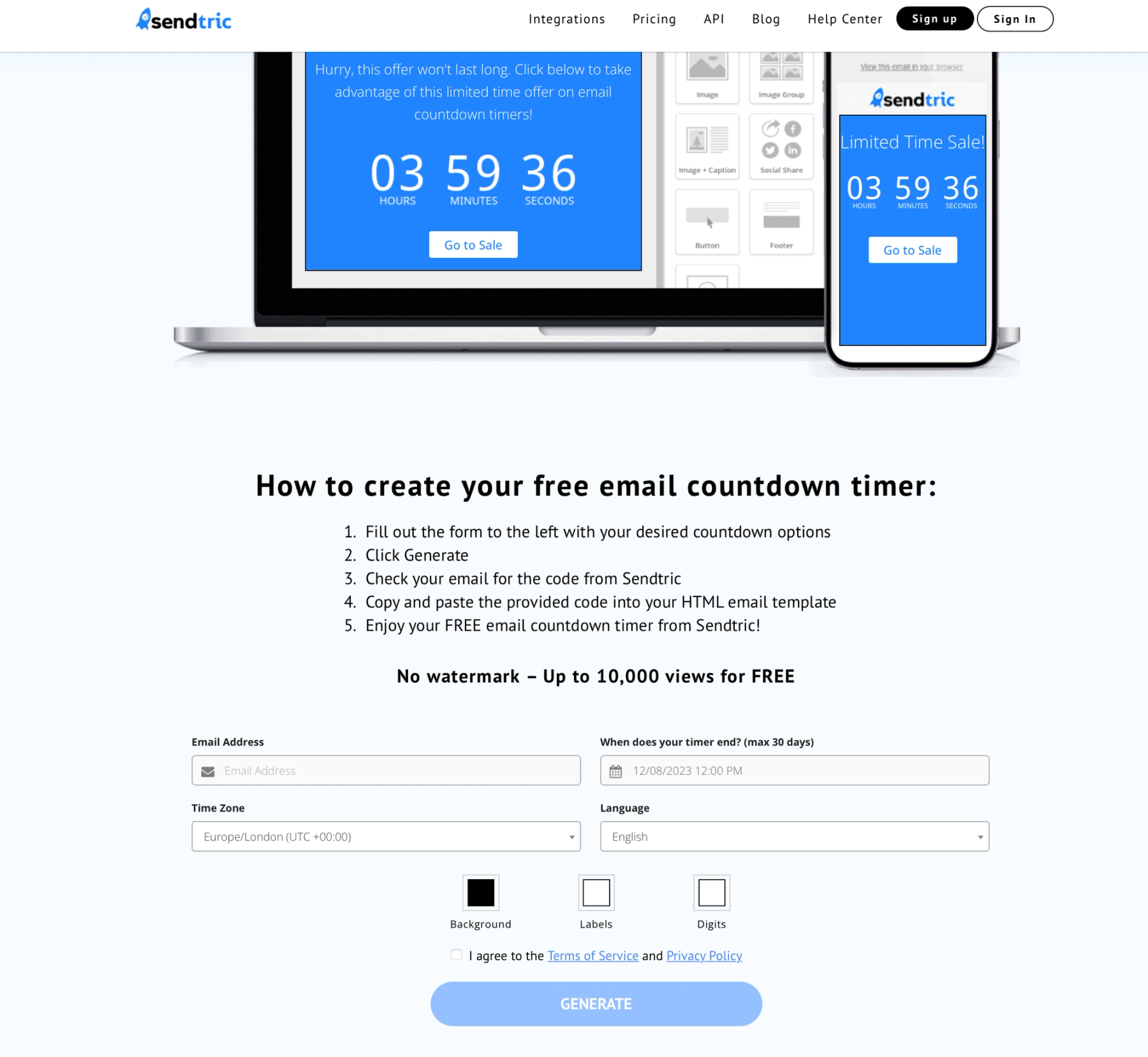 Sendtric timer generator form with the email address, end date, and customization fields filled in