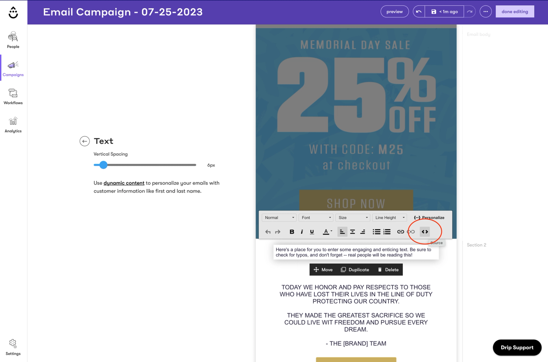 Drip text block with the Source ('<>') button highlighted to edit the block's HTML