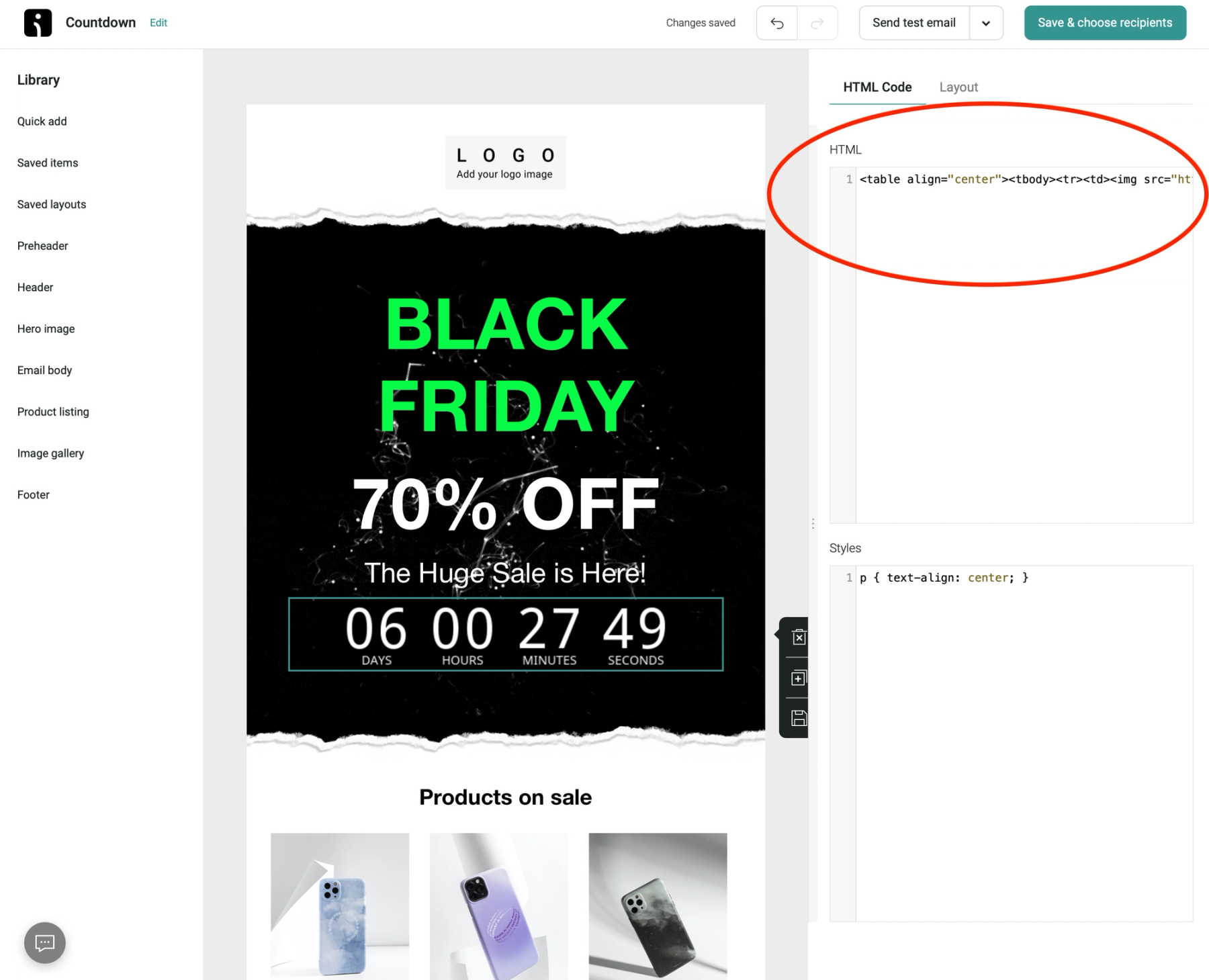 Omnisend HTML content block with the Sendtric timer embed code pasted into the HTML box