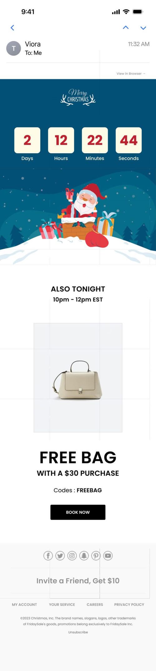 Mobile email preview of a Christmas-themed countdown timer promoting a limited-time free bag offer