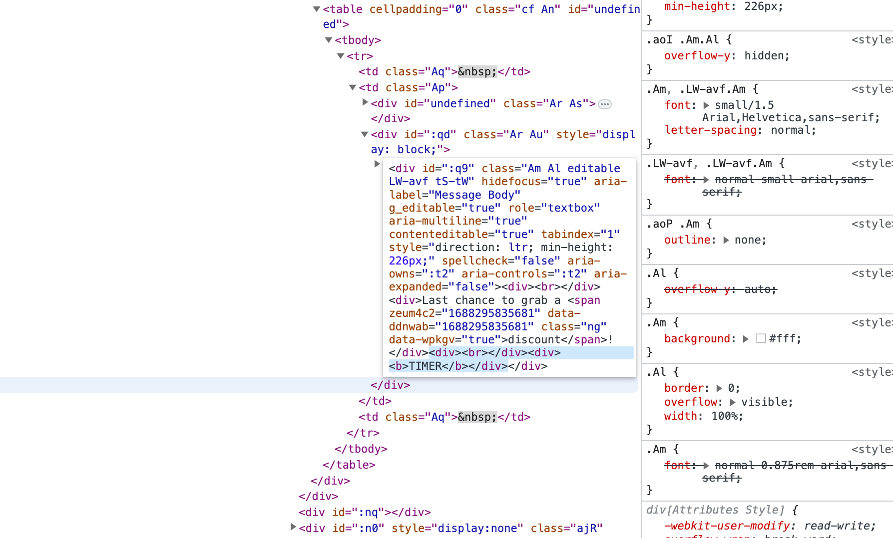 Chrome DevTools HTML editor with the Sendtric timer code replacing the placeholder text inside a div