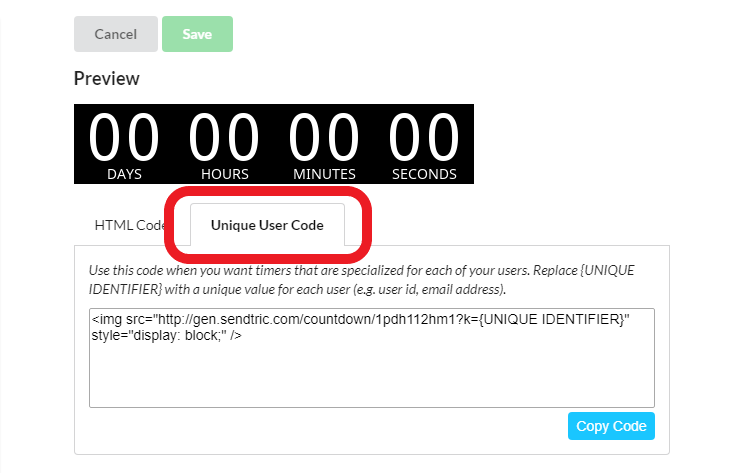 Sendtric timer editor's code section with the Unique User Code tab selected