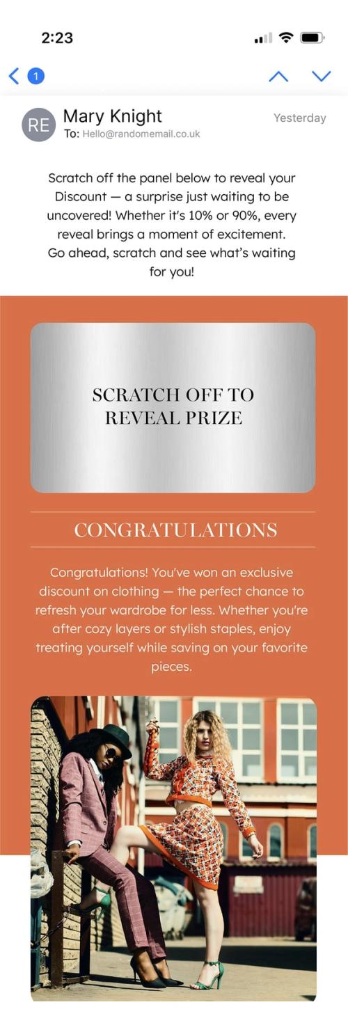 Mobile email preview of a fashion discount campaign with Sendtric's Digital Scratch Off widget shown as a silver panel revealing a clothing discount.
