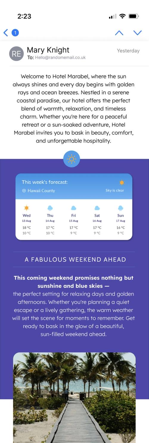 Mobile email preview of Sendtric's weather widget forecast in a purple-themed 'Sunshine Weekender' festival email