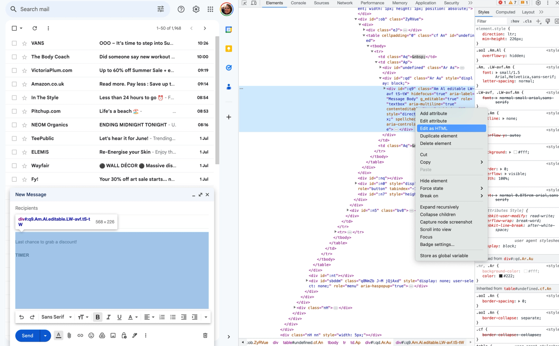 Chrome DevTools context menu with the 'Edit as HTML' option highlighted