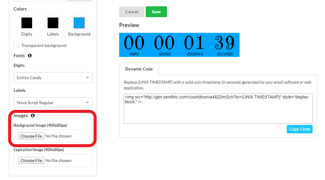 Sendtric timer editor's Images section with the background image upload control