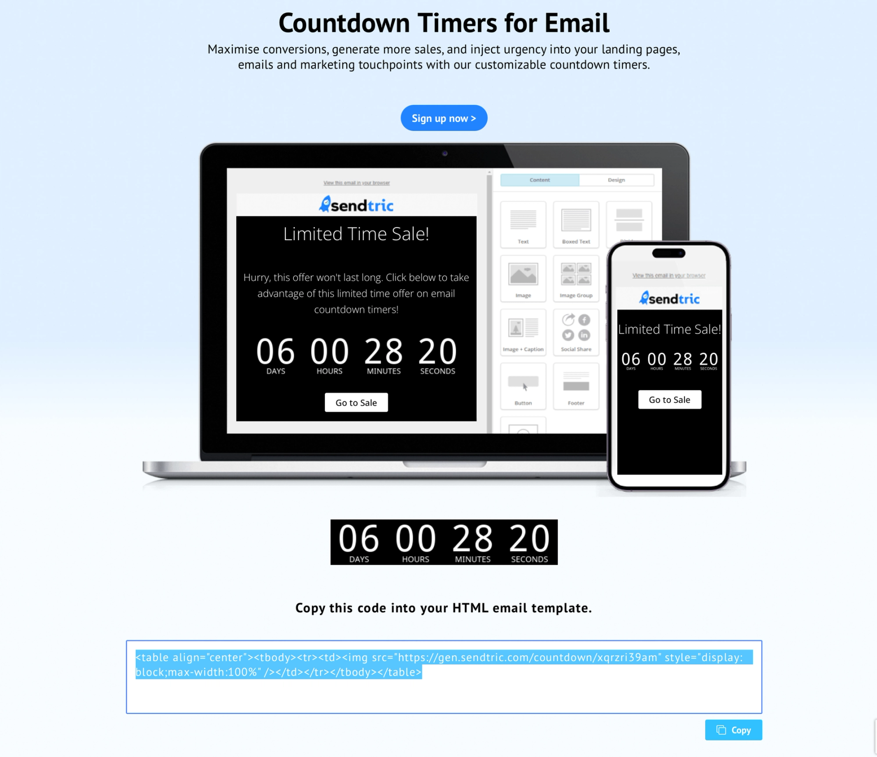 Sendtric timer generator page showing the generated HTML code with the Copy button highlighted