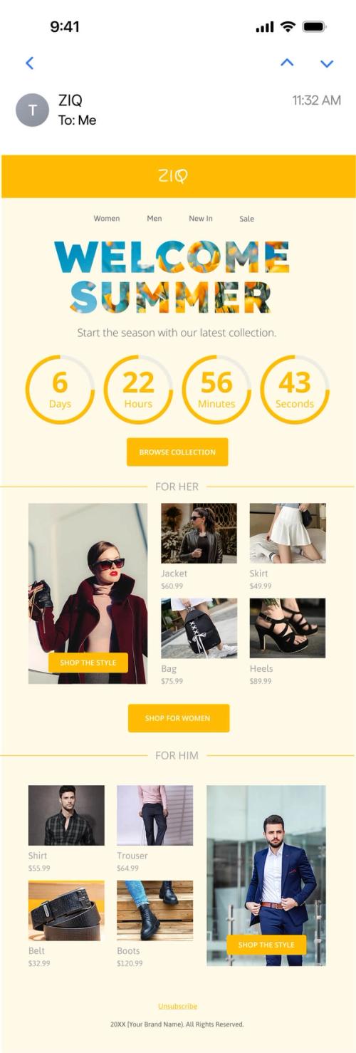 Mobile email preview of a summer sale countdown timer in a fashion retailer's welcome email