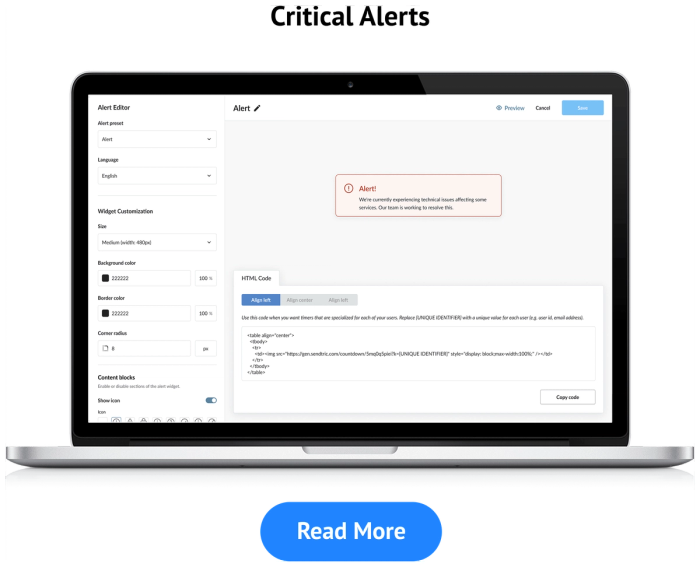 Screenshot of the Sendtric Critical Alerts widget editor showing a preview alert banner reading "We are currently experiencing technical issues affecting some services."