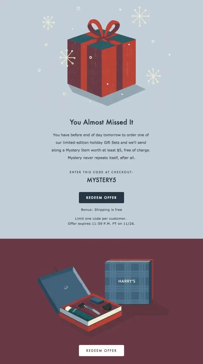 Harry's "You Almost Missed It" holiday email offering a free mystery gift with a limited-edition Gift Set, above an illustration of an open Harry's gift box